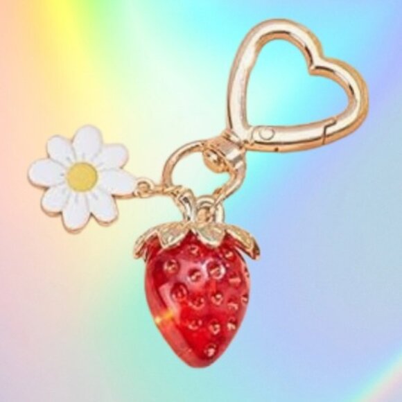 Red Strawberry and Daisy Purse Charm with Heart - Picture 1 of 8